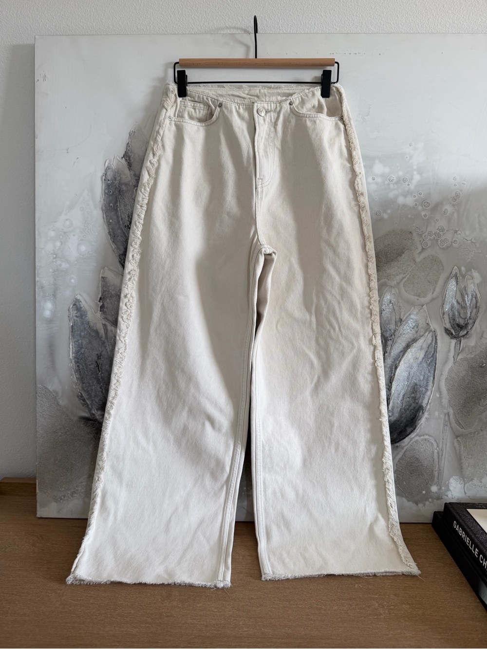H&M Cream Wide-Leg Jeans with Frayed Side Trim